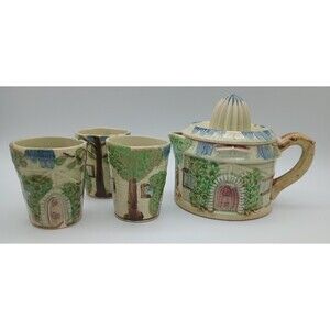 Vtg Cottage Juicer Pitcher 3 Glasses Figural Home Trees